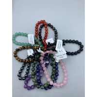 8 mm XL 8.5 inch Round Bead (Downstring) Bracelet - 10 pcs pack - Mix Stones including Amethyst, Aventurine, Carnelian, Hematite, Nephrite Jade, Rose Quartz, Silver Obsidian, Sodalite, Tiger eye, and Volcanic Rock