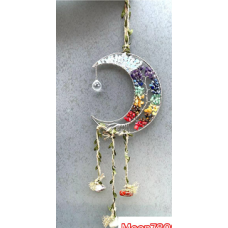 Chakra Half Moon Hanger - Half Moon Chakra chip pendant (about 5" OD) and 3 Tumble stones, - 13" in length