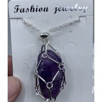 Interchangeable Crystal Holder Necklace with Tumble Stone (Amethyst) - 18 inch w 2 inch extension - 10 pcs pack - Stainless Steel with Silver Plated