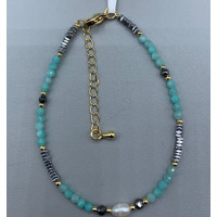 2 mm Faceted Stone + 3 mm Hematite + Shell Pearl with 2 inch chain - 10 pcs pack - Amazonite (Pearl and More Series)