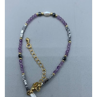 2 mm Faceted Stone + 3 mm Hematite + Shell Pearl with 2 inch chain - 10 pcs pack - Amethyst (Pearl and More Series)