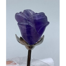 Roses - Purple Fluorite rose (about 1.25 x 1.25 inches) with 2 metal leaves and 7 inches metal stem