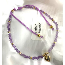 2-2.5 mm Faceted stone beads with Gold Color Round and Heart Charms - Drawstring bracelet - 10 pcs pack - Amethyst