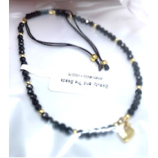 2-2.5 mm Faceted stone beads with Gold Color Round and Heart Charms - Drawstring bracelet - 10 pcs pack - Black Spinel