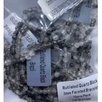 3 mm Faceted Gemstone Stretch Bracelet - 10 pcs pack - Tourmaline in Quartz (Rutilated Quartz Black)