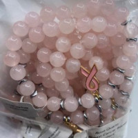 8 mm Gemstone Round Bead Bracelet - 10 pcs pack - Rose Quartz w Breast Cancer Charm (Breast Cancer Bracelet)
