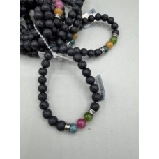 8 mm Gemstone Round Bead Bracelet - 10 pcs pack - Volcano Rock w 3 Agate Multi-Color Beads