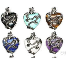 GPK - Heart - Gemstone Heart with Dragon Pendant - 10 pcs pack - Including Amethyst (3), Lapis, Blue Goldstone, Rose Quartz (2), Aventurine, Obsidian, and Opalite