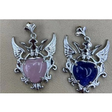 GPK - Heart - Gemstone Heart with Wings Pendant - 10 pcs pack - Include Amethyst (3), Lapis , Blue Goldstone, Rose Quartz (2), Aventurine, Obsidian, and Opalite