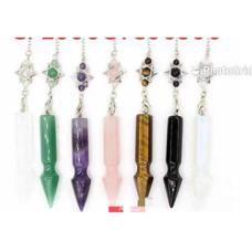 GPK - Point Pendulum with5 spheres and charms (2 inch point and 7 inch chain) - 10 pcs mix stone pack including Amethyst (3), Lapis, Blue Goldstone, Rose Quartz (2), Aventurine, Black Obsidian, and Opalite