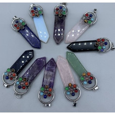 GPK Point - Flat Point Pendant with Chakra Spheres - 10 pcs mix stone including Amethyst (3), Lapis, Aventurine, Blue Goldstone, Obsidian, Opalite, and Rose Quartz (2)