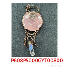 GP Round Rose Quartz with Bronze Color Sun face, clear quartz point, and two bronze color half-moon (about 3 inch)