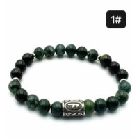 8 mm Gemstone Round bead bracelet with Stainless Steel Accessories - Viking Rune 1 ANSUZ - 5 pcs pack - Moss Agate and Rainbow Obsidian
