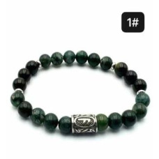 8 mm Gemstone Round bead bracelet with Stainless Steel Accessories - Viking Rune 1 ANSUZ - 5 pcs pack - Moss Agate and Rainbow Obsidian