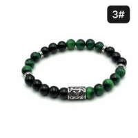 8 mm Gemstone Round bead bracelet with Stainless Steel Accessories - Viking Rune 3 KENAZ - 5 pcs pack - Black Onyx, Green Tiger Eye