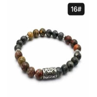 8 mm Gemstone Round bead bracelet with Stainless Steel Accessories - Viking Rune 16 INGWAZ - 5 pcs pack - Dark Labradorite, Leopard Jasper