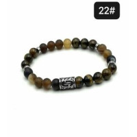 8 mm Gemstone Round bead bracelet with Stainless Steel Accessories - Viking Rune 22 EIHWAZ - 5 pcs pack - Tiger Eye, Banded Agate Brown