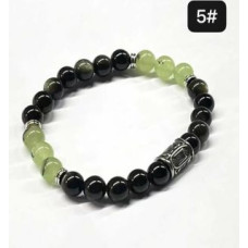 8 mm Gemstone Round bead bracelet with Stainless Steel Accessories - Viking Rune 5 EHWAZ - 5 pcs pack - prehnite, Gold Obsidian