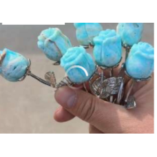 Roses - Blue Caribbean Calcite rose (about 1 x 1 inches) with 2 metal leaves and 4.75 inches metal stem