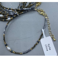 2 mm Faceted Stone + 3 mm Hematite + Shell Pearl with 2 inch chain - 10 pcs pack - Pyrite (Pearl and More Series)