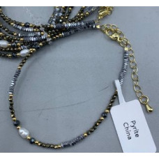 2 mm Faceted Stone + 3 mm Hematite + Shell Pearl with 2 inch chain - 10 pcs pack - Pyrite (Pearl and More Series)