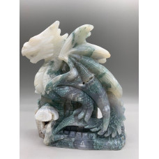 Extra Large Carving - Dragon (Moss Agate - Quartz) - About 6.25 x 2 x 7.75 inches H