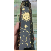 Gemstone Points XL - Black Obsidian w Gold Sun and Moon (about 8.5 inches) Gemstone Points XL - Black Obsidian w Gold Sun and Moon (about 8.5 inches)