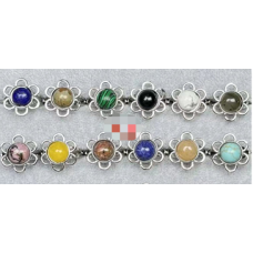 Gemstone Rings - Flower Shape with Round Bead Gems (About 0.7 inch) w adjustable ring base - 10 pcs mix with Amethyst, Lapis, Blue Goldstone, Rose Quartz, Aventurine, Black Onyx, and Opalite