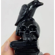 Extra Large Carving - Skull with Raven ( about 4 inches in Height) - Black Obsidian