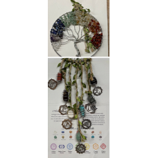 Chakra Hanger - Tree of Life chip pendant (20mm, about 7.5" OD) and 7 Tumble stones in cage with charms, - 16" in length