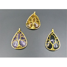 GP Teardrop - Tree of Life Wired on Teardrop Gemstone Pendant (Gold plated) - Assorted Stone Available