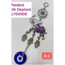 Eye Metal Pendant - Blue Eye with Blue Red Elephant and 3 small Hamsha