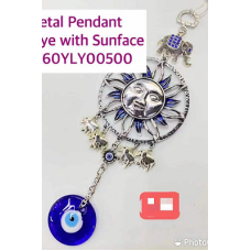 Eye Metal Pendant - Blue Eye with Smiling Sun Face and 5 Elephants