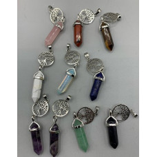 GPK Point - Bi-Point Gemstone Pendant with tree of life charms - 10 pcs mix stone including Amethyst, Aventurine, Blue Goldstone, Howlite, Lapis, Opalite, Rainbow Jasper, Rose Quartz, and Tigereye