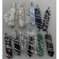 GPK Point -  Flat Point Pendant with wire (About 0.5 x 2.5 inch H) - 10 pcs mix stone including Amethyst, Aventurine, Blue Goldstone, Obsidian, Opalite, and Rose Quartz