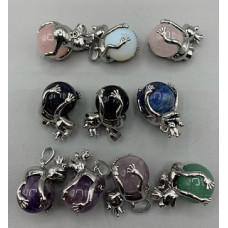 GPK Round - Frog Holding Sphere (18 mm) Gemstone Pendant - 10 pcs mix stone including Amethyst, Aventurine, Obsidian, Blue Goldstone, Lapis, Opalite, and Rose Quartz