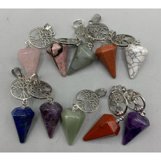 GPK - Pendulum Shaped Gemstone Pendant with tree of life - 10 pcs mix stone including Amethyst, Aventurine, Goldstone, Howlite, Lapis, Labradorite, Rainbow Jasper, Rhodonite, and Rose Quartz