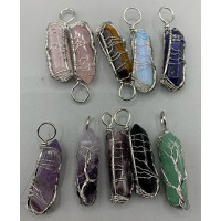 GPK Point Pendant (About 1.5 inch) with silver color wired tree of life - 10 pcs mix stone including Amethyst, Aventurine, Obsidian, Lapis, Opalite, Rose Quartz, and Tigereye