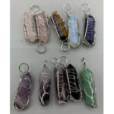 GPK Point Pendant (About 1.5 inch) with silver color wired tree of life - 10 pcs mix stone including Amethyst, Aventurine, Obsidian, Lapis, Opalite, Rose Quartz, and Tigereye