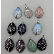 GPK Teardrop Tree of Life Gemstone Pendant - 10 pcs mix stone including Amethyst, Blue Goldstone, Obsidian, Aventurine, Lapis, Opalite, and Rose Quartz