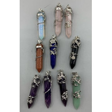 GPK Point -  Vine wrapped Silver color point pendant - 10 pcs mix stone including Amethyst, Aventurine, Obsidian, Goldstone, Lapis, Opalite, and Rose Quartz