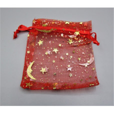 Organza -  Golden Moon / Star Organza Pouch 10 x 12 cm (4 x 4.75 inch) 12 piece pack - Red