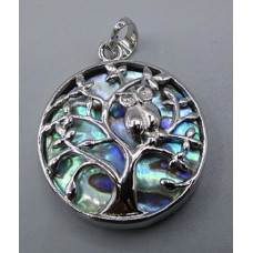 GP Round - Tree with Owl Gemstone Pendant - Abalone