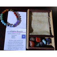 8 mm Gemstone Round Bead Bracelet - Chakra stone with Flower of Life charm, Spacer, Display box, and 7 Tumble stones - 10 pcs pack