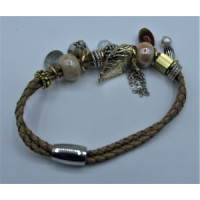 Leather Bracelet - Light Brown - 2 Strands with Assorted Beads