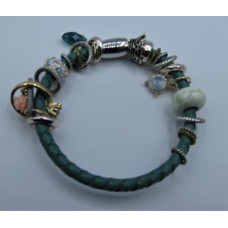 Leather Bracelet - Green - Single Strand with Assorted Beads