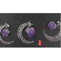 GPK - Half Moon - Metal Pendant (Half Moon Shape 1.5 inch) with Amethyst Raw stone - 10 pcs pack