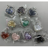 GPK Stainless Steel Heart Shape Pendant with chips inside  - 10 pcs mix stone including Amethyst, Aventurine, Citrine, Garnet, Clear Quartz, Rose Quartz, Tigereye, Lapis, Blue Goldstone, and Smoky Quartz