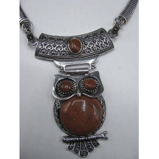 Gemstone Choker 16 Inch with Lobster Claw Clasp and 2 Inch Extension - Owl - Goldstone