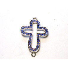 Rhinestone Metal Cross Pendant - Open Rounded - Blue  - 10 pc pack